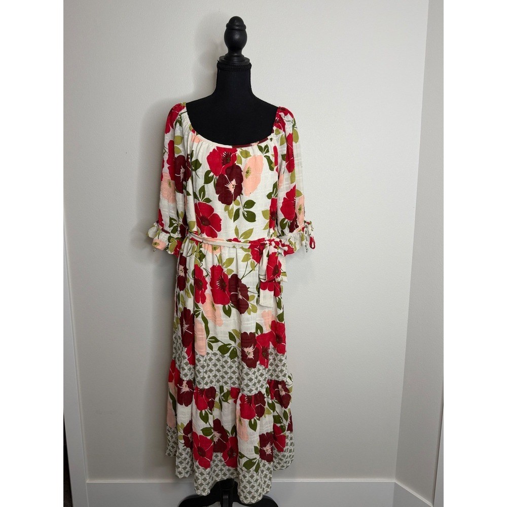 Figueroa & Flower Women's‎ Red Floral Maxi Dress Ruffle Sleeve Tiered L